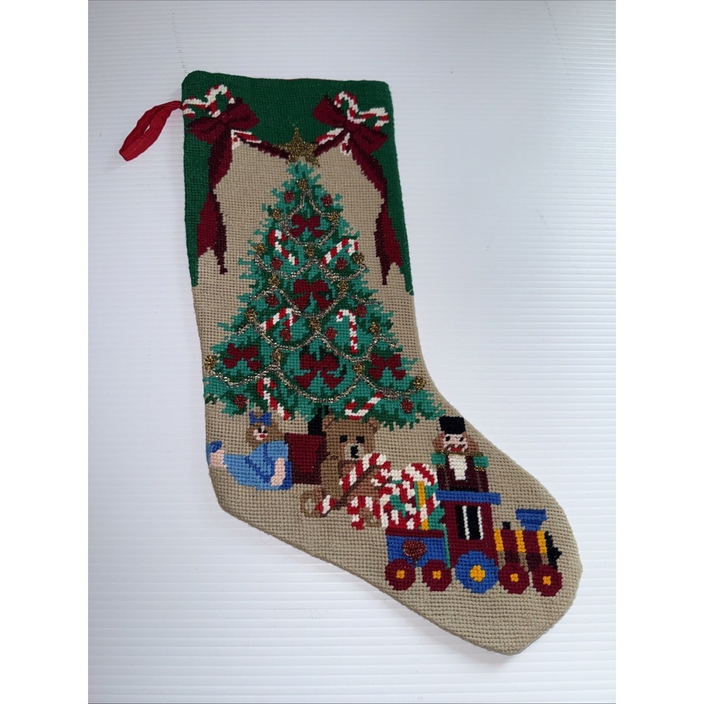 Vintage Needlepoint Christmas Stocking Tree Teddy Bear Tree Nutcracker Beads 18"